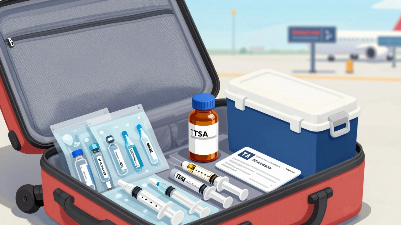 Open carry-on bag with insulin vials, ice packs, and labeled syringes organized neatly beside a cooler.