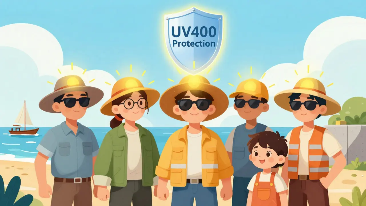 Outdoor workers protected by sunglasses and hats, blocking UV rays with a glowing shield.