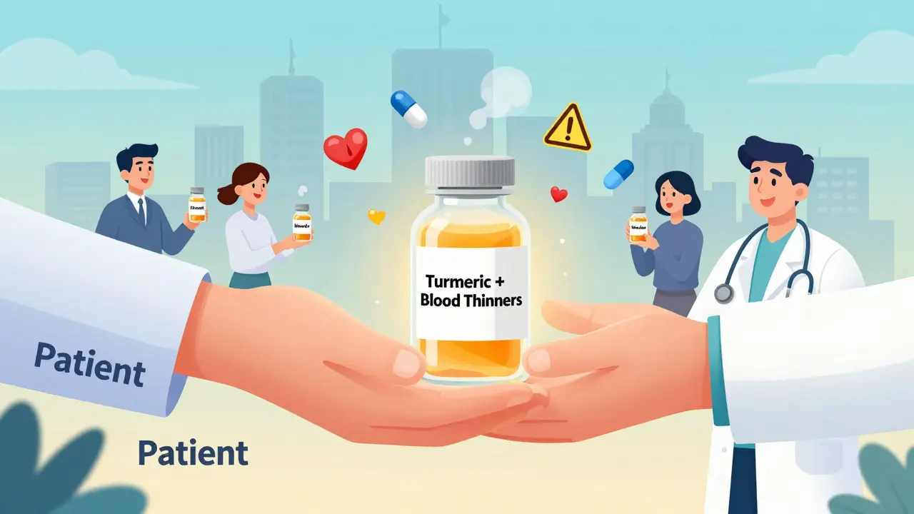Patient and doctor passing a supplement bottle while warning icons disappear