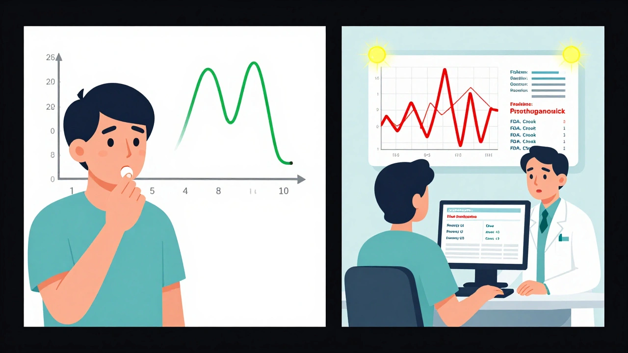 Patient taking same medication vs. after switching generics, with steady vs. spiked blood level graphs.