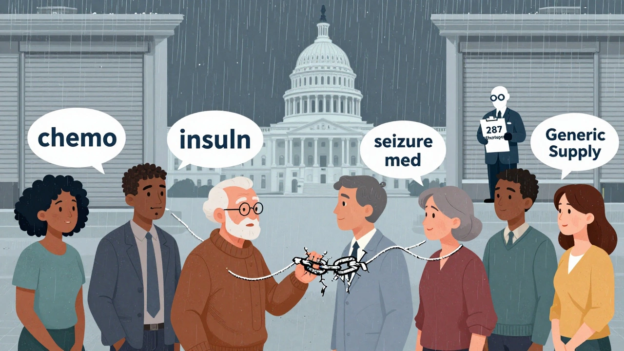 Patients connected by fraying threads to a broken drug supply chain, FDA inspector outside shuttered federal building.