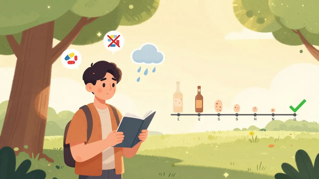 Person keeping a symptom diary under a tree, with icons of avoided triggers fading away and a timeline showing hives improving over time.