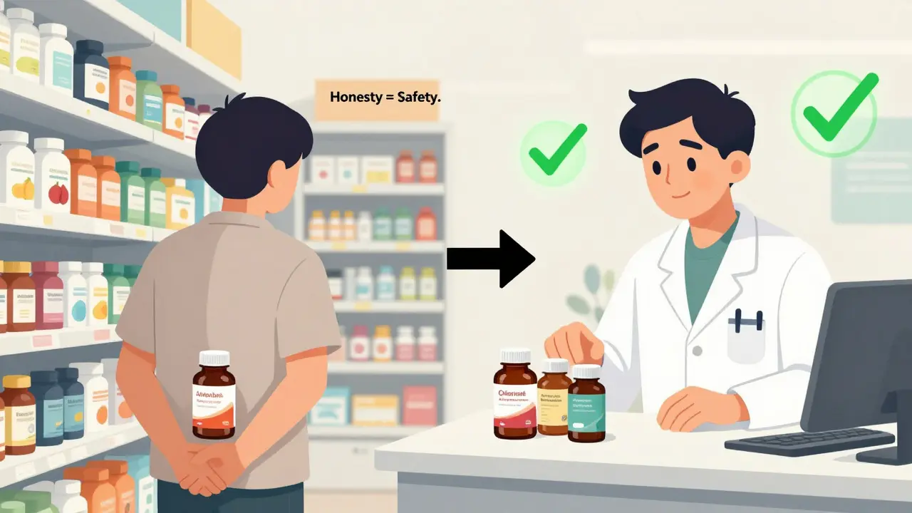 Person transitioning from hiding supplements to openly sharing them with a doctor