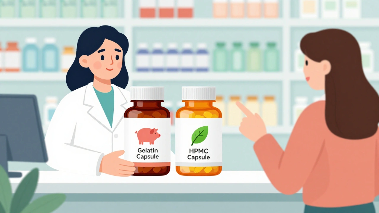 Pharmacist showing vegan and non-vegan pill options side by side with clear visual labels.