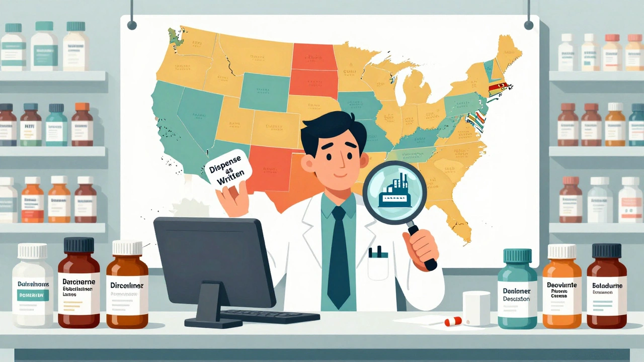 Pharmacist surrounded by generic pill bottles and U.S. map showing state laws on NTI drug substitution.