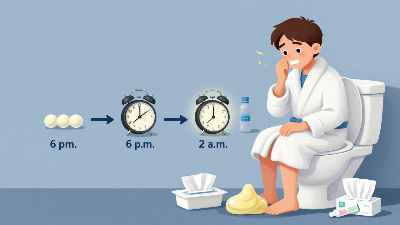 Split-dose laxative schedule at night and early morning with clear stool and prep supplies nearby.