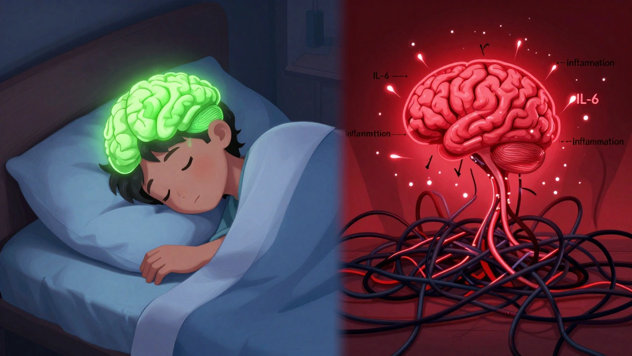 Split illustration showing a calm, healthy brain versus a stormy, inflamed brain due to sleep loss.
