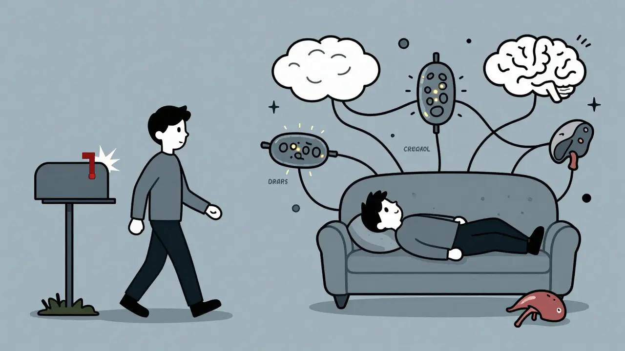 Split illustration showing a person walking to the mailbox and then collapsed later, with icons representing brain fog, mitochondria, and adrenal fatigue.