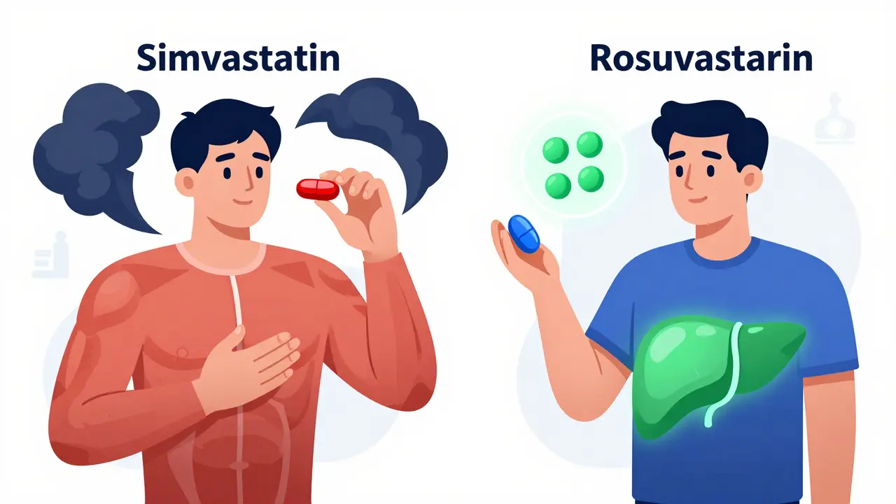 Split illustration showing two statins: one causing muscle issues, the other working safely in the liver.