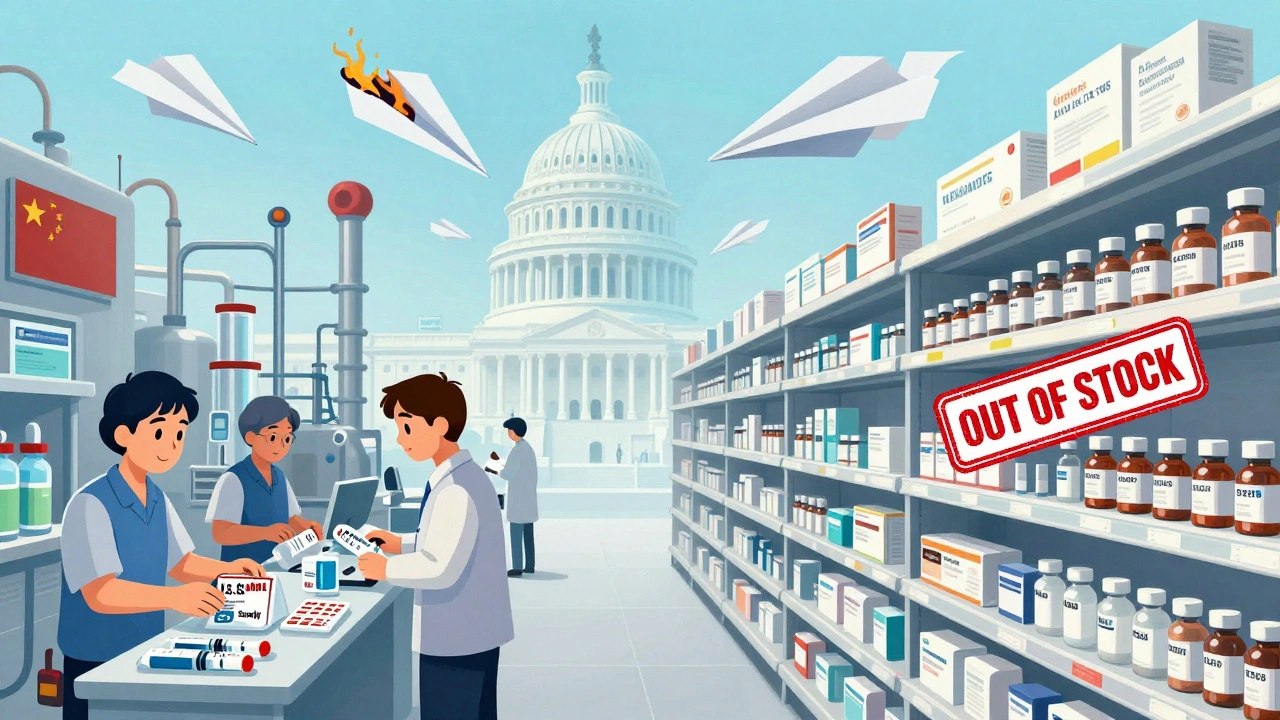 Split image: factory packing drugs for U.S. and empty U.S. pharmacy shelves, with ghostly congressional bills floating above.