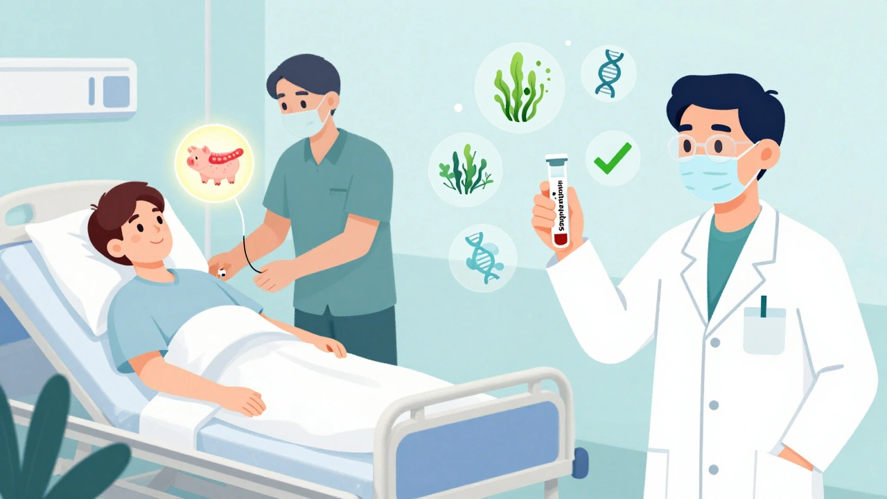Split scene: patient receiving animal-derived heparin vs. researcher developing synthetic alternative.