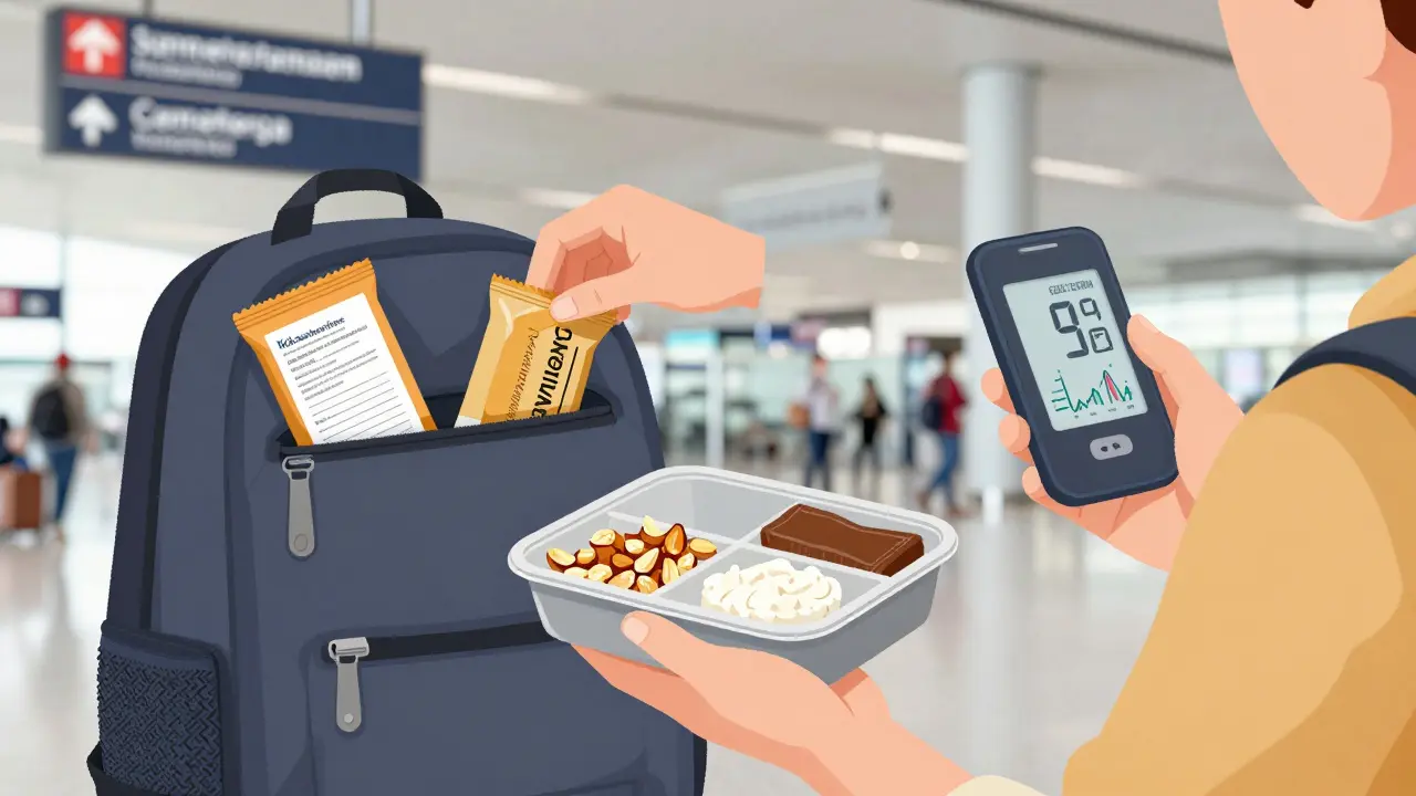 Traveler eating healthy snacks and monitoring glucose with CGM at airport.