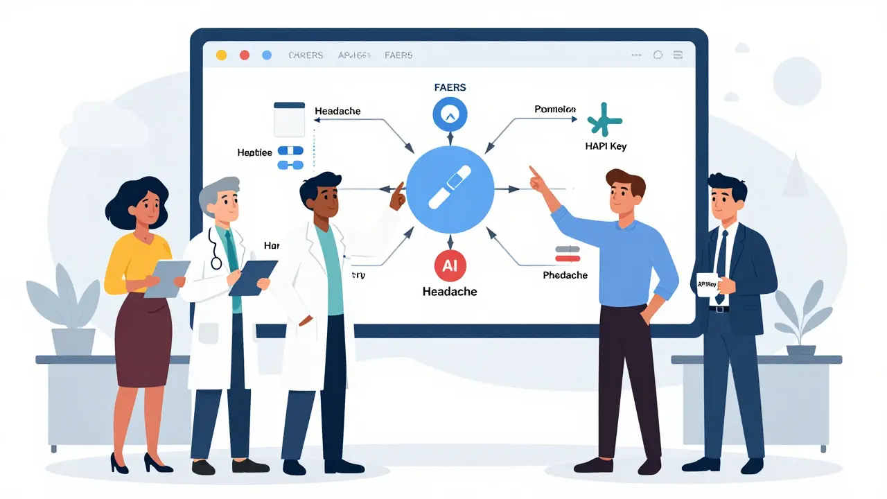 A diverse group examining animated drug safety data on a floating screen with flowcharts and icons.