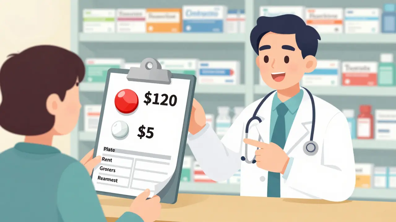 A doctor shows a patient two prescription options: expensive brand-name vs. affordable generic.