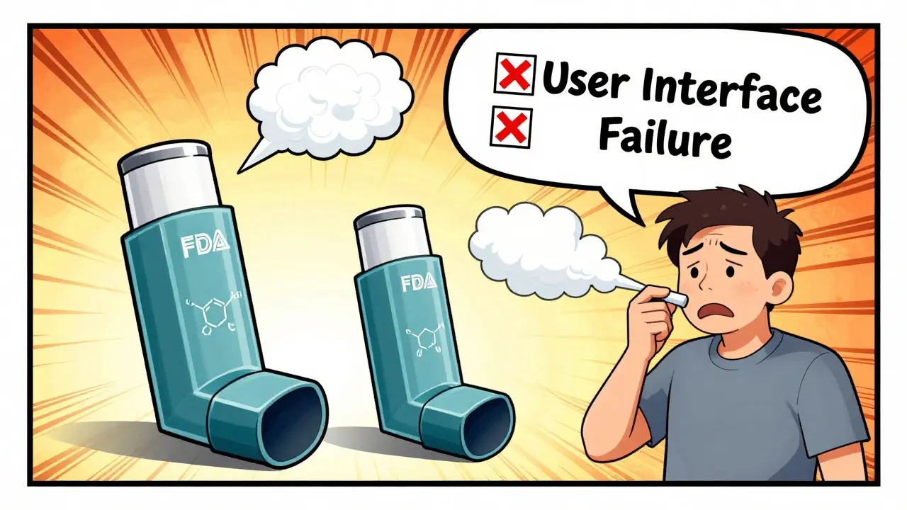 A generic inhaler failing to deliver proper mist compared to the brand version.