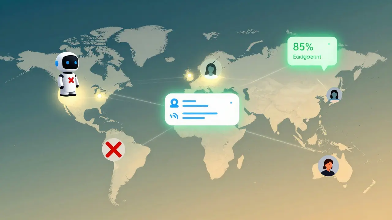 A global map contrasting a failed AI chatbot in Germany with a trusted SMS health reminder, showing cultural adaptation.