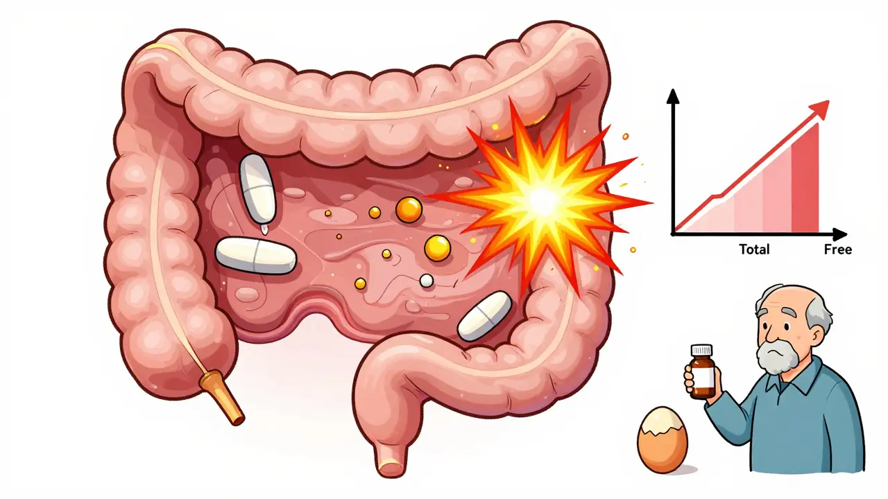 A gut cross-section showing two phenytoin tablets dissolving differently, with free drug molecules and low albumin symbol, alongside a senior patient and vitamin D bottle.