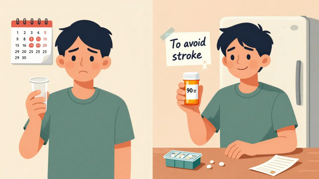 A person comparing missed doses on a calendar to a full prescription and a health note on the fridge.