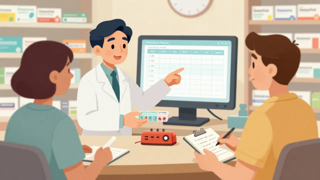 A pharmacist guiding a patient with a pill organizer and refill chart in a friendly pharmacy setting.