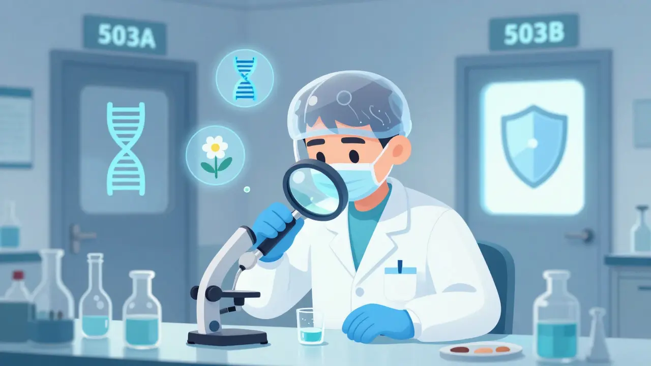A pharmacist prepares a customized medication in a cleanroom, with symbols of personalization and safety floating nearby.