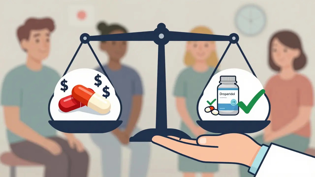 A scale comparing expensive and cheap antiemetics, with doctors and recovering patients in the background.