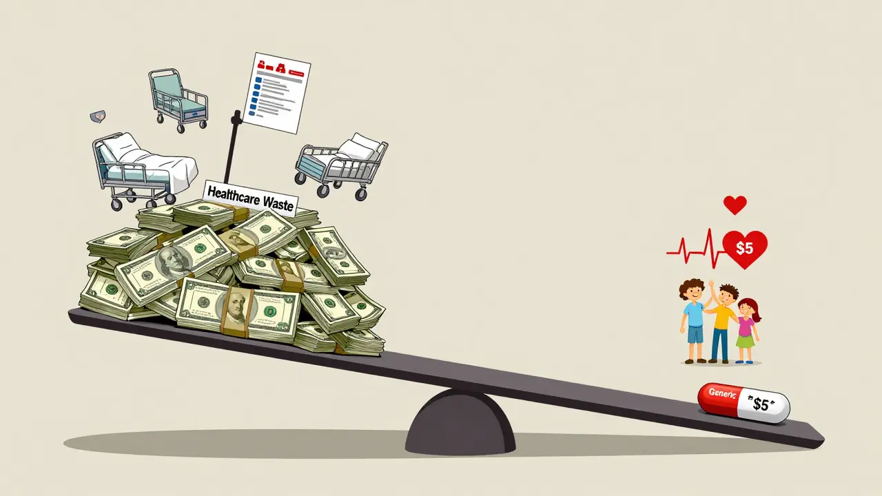 A scale tipping from healthcare waste to a low-cost generic pill saving lives and money.