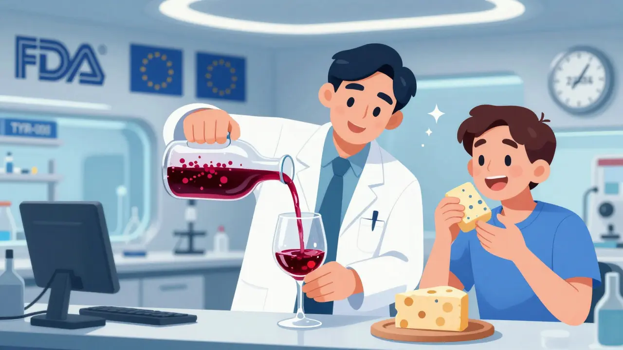 A scientist neutralizing tyramine in wine with a new enzyme, while a patient eats aged cheese safely in 2026.