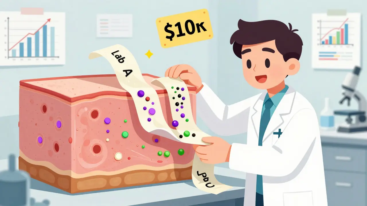A scientist using tape to measure drug layers in skin, with mismatched lab results.