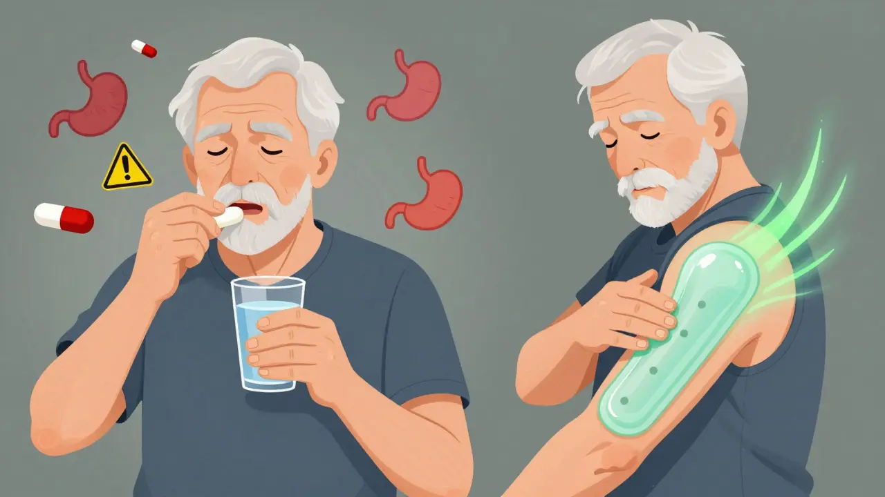 An elderly person switches from swallowing pills to using a pain-relief gel for better absorption.
