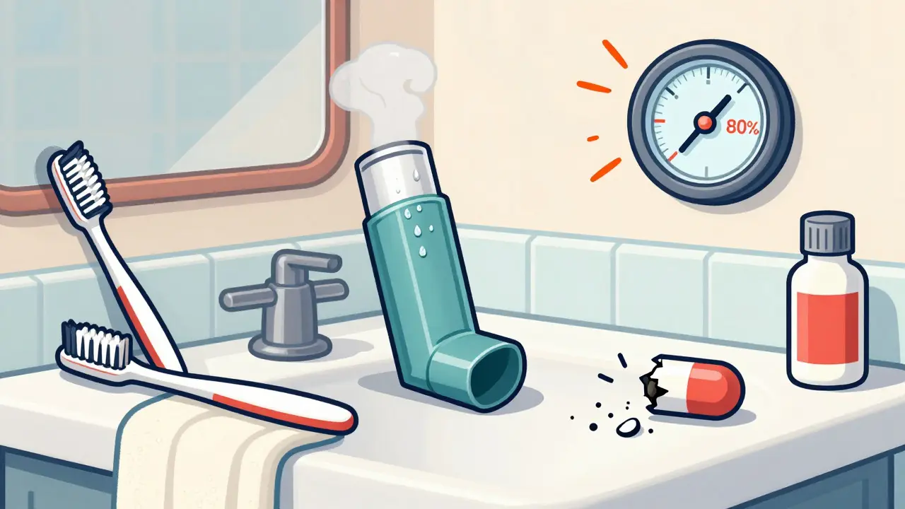 An inhaler beside a steaming shower in a humid bathroom with a cracked capsule spilling powder.