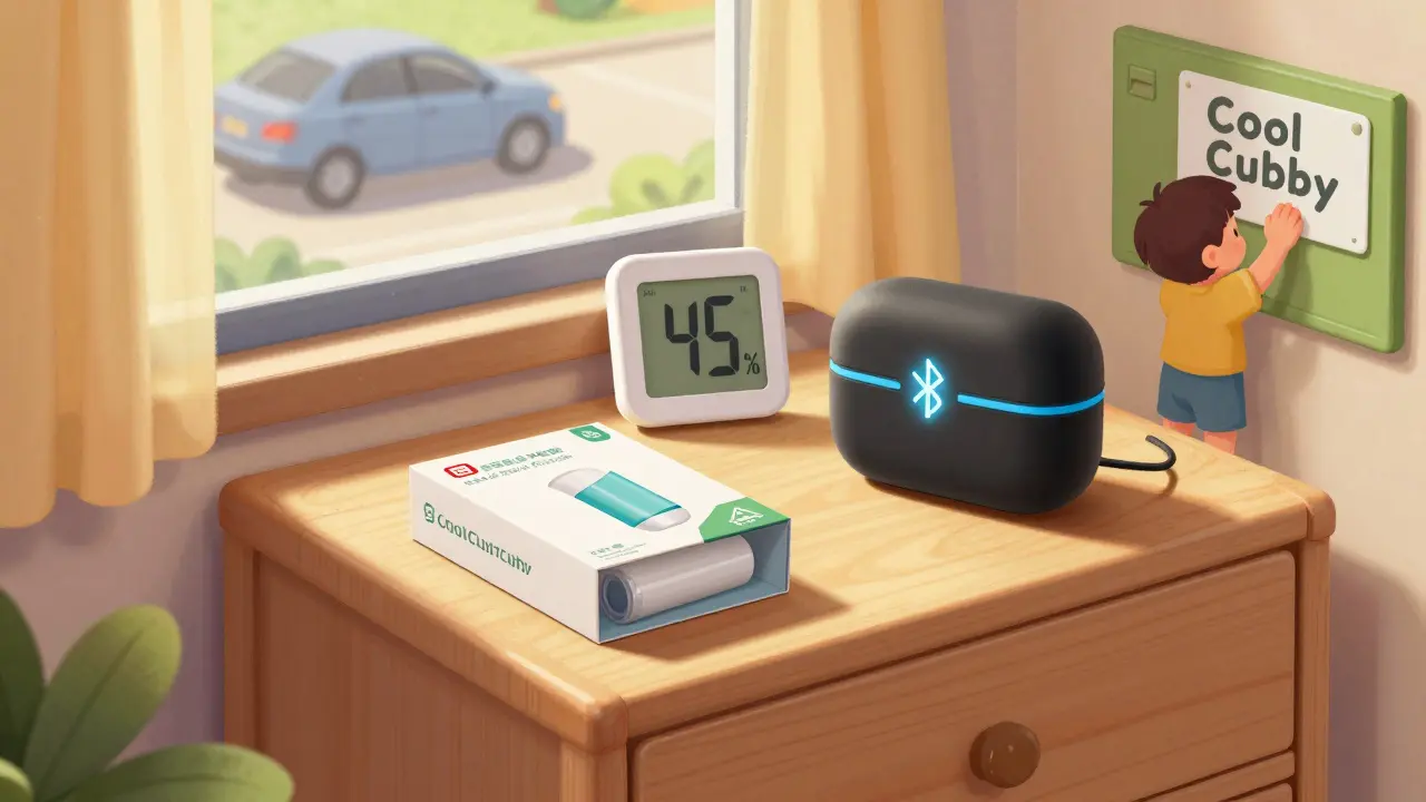 An inhaler safely stored in a drawer with a hygrometer and insulated case, symbolizing proper care.