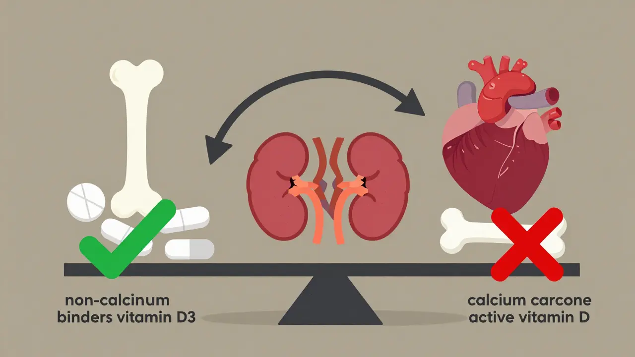Balancing scale with kidney-friendly treatments versus harmful calcium supplements in simple cartoon design.