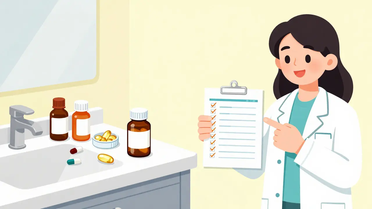 Cluttered medicine counter compared to a clean medication list, with a pharmacist guiding the patient.