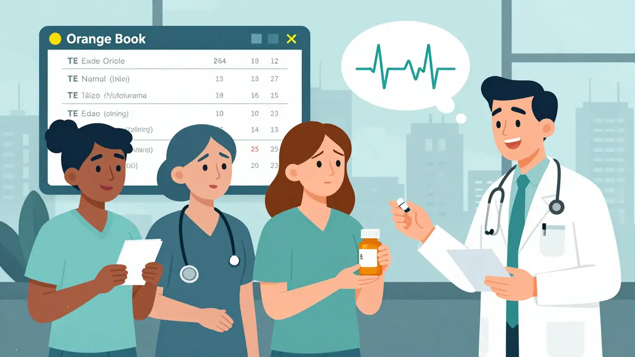 Diverse patients receiving prescriptions, one with concern over warfarin, digital Orange Book in background.