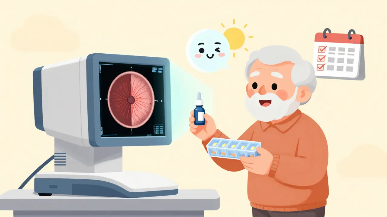 Elderly person with eye drops and OCT scan under AI supervision