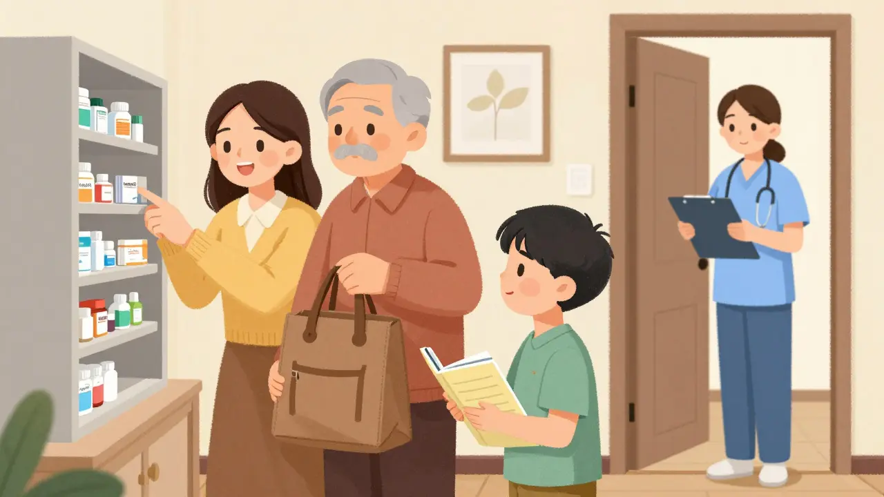 Family helping an older adult gather medications for a brown bag review in a cozy home setting.