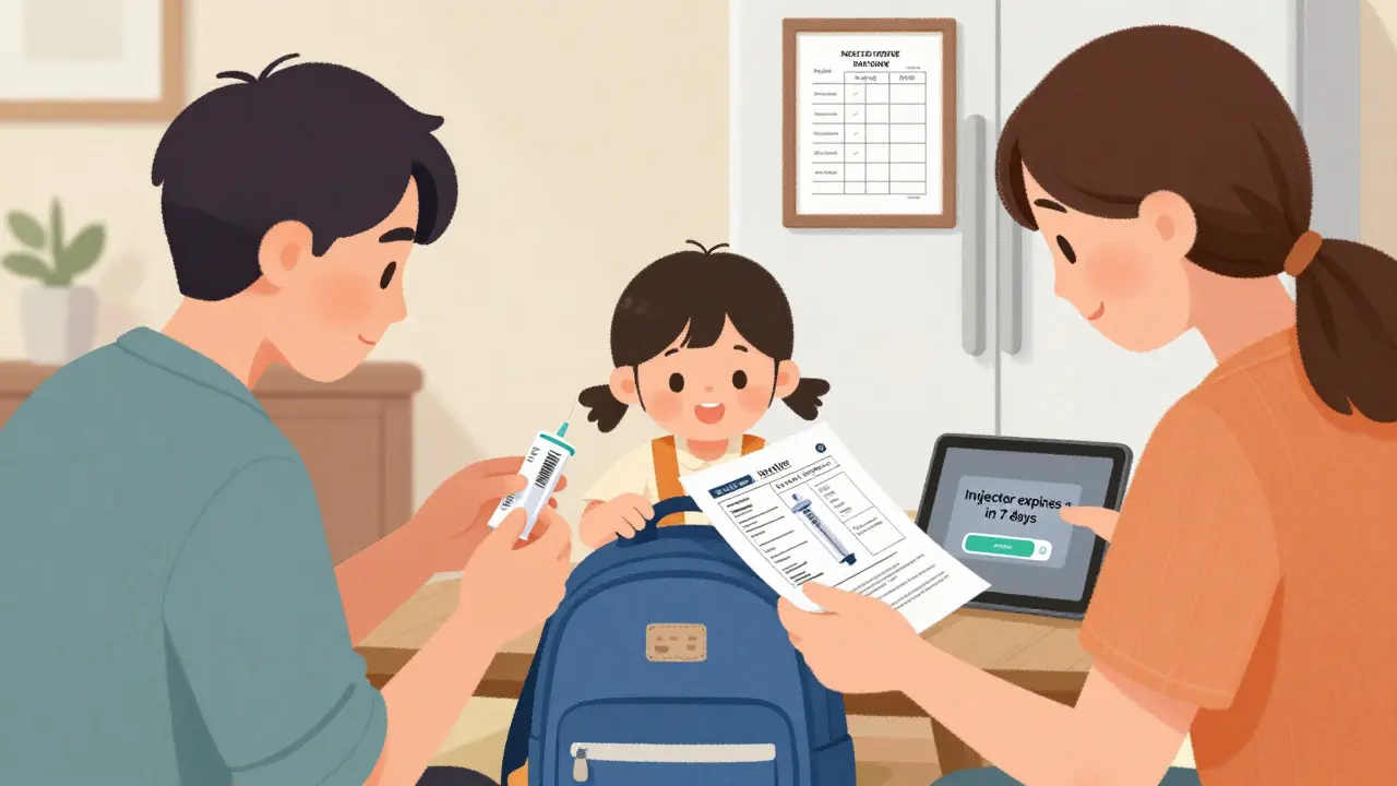 Family preparing allergy supplies: checking injector expiration and packing plan for child.