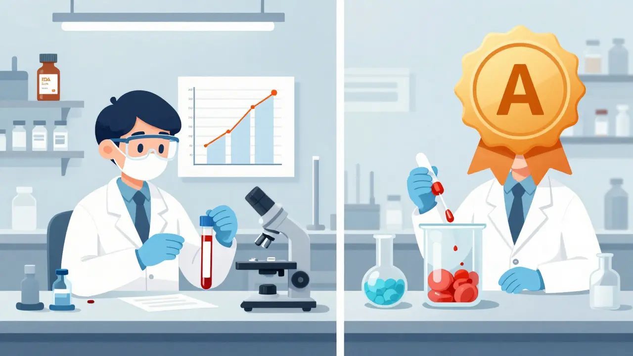 Lab scene showing identical blood test results for brand-name and generic drugs with A rating badge.