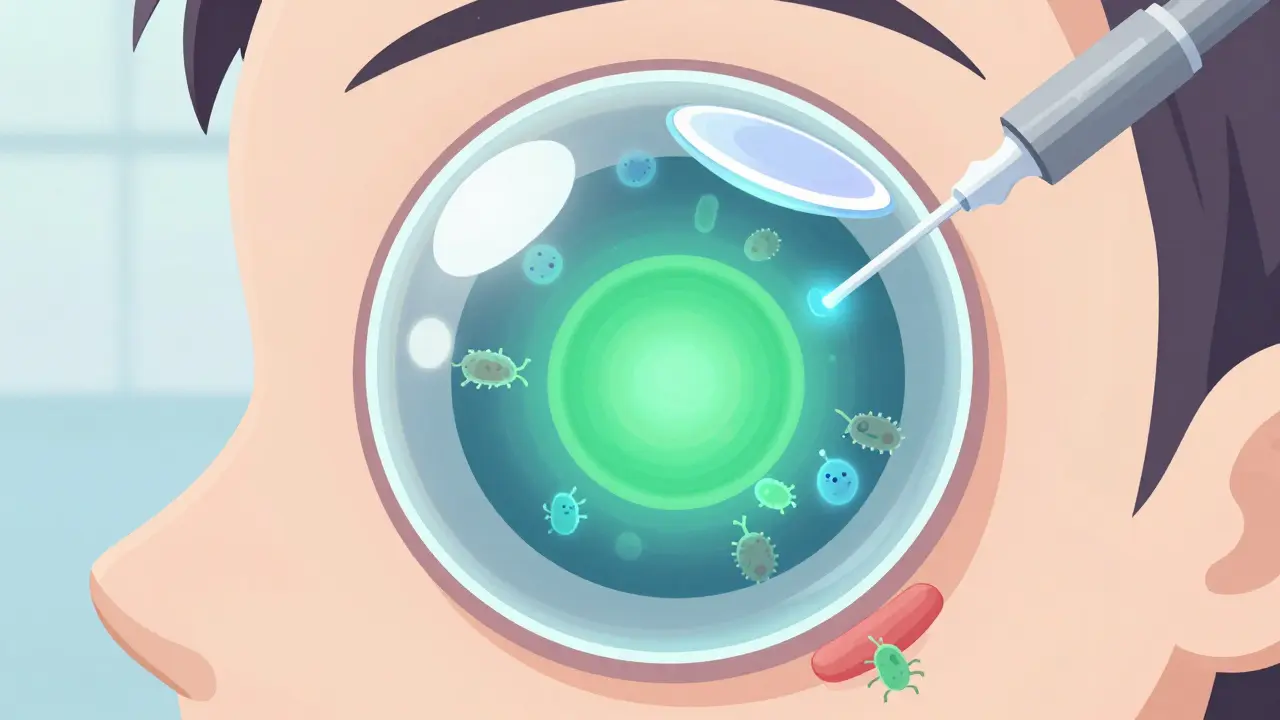 Magnified cornea with green ulcer under blue light, bacteria invading, contact lens blocking oxygen, medical tools nearby.