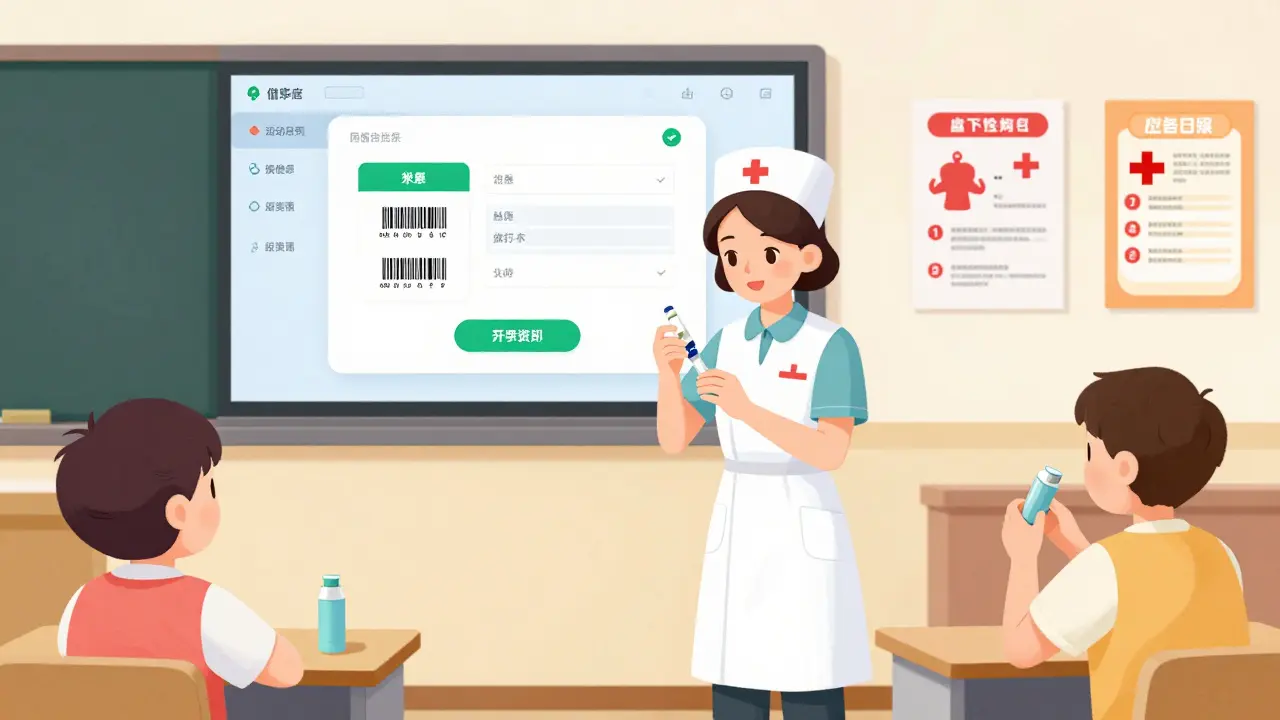 Nurse training teacher to use epinephrine injector with digital app visible