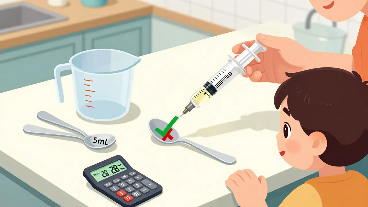 Parent using dosing syringe instead of kitchen spoon to measure children's medicine on counter