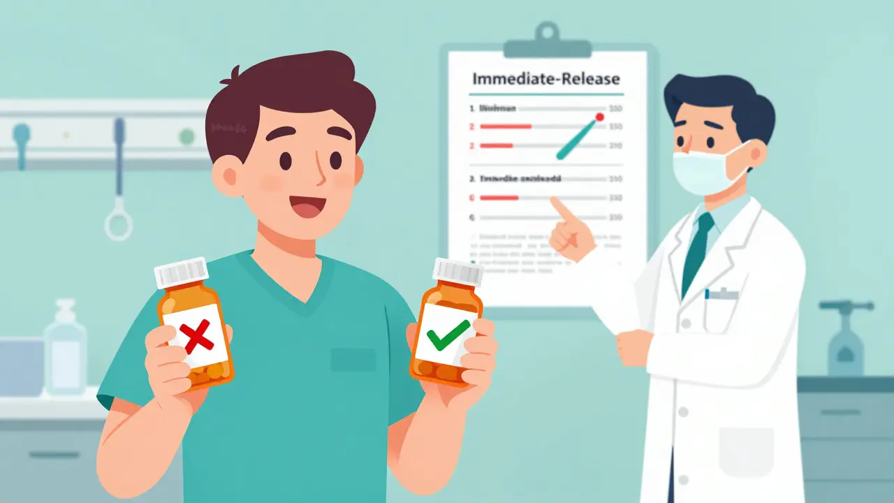 Patient and pharmacist comparing medication types after weight loss surgery.