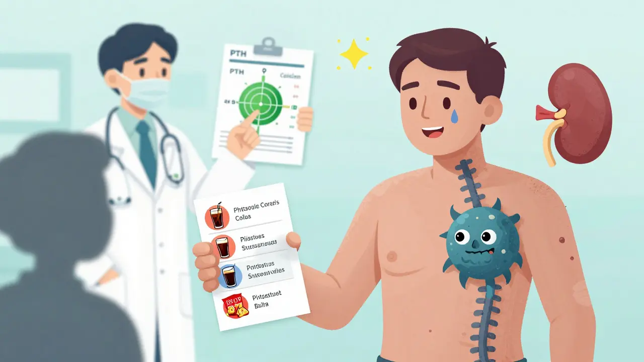 Patient avoiding hidden phosphate foods while a calcification monster forms, with lab results and Klotho icon nearby.