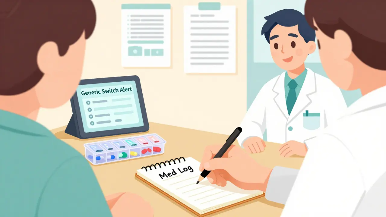 Patient writing medication log beside pill organizer while pharmacist offers support.