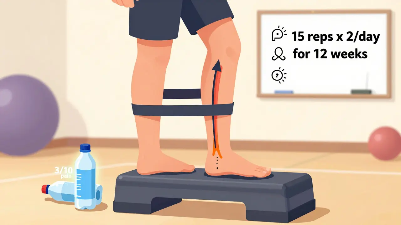 Person performing eccentric heel drop for Achilles tendinitis with frozen water bottle and pain scale.