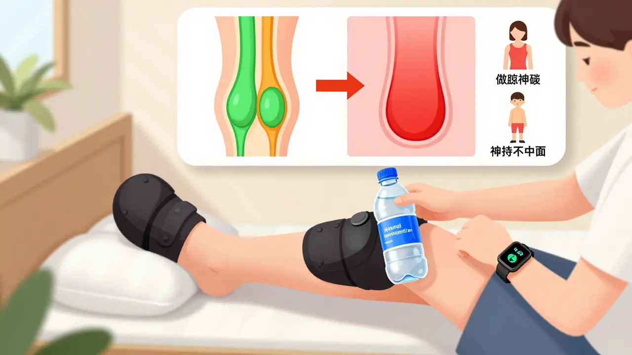 Person using knee pads, body pillow, and ice rolling to prevent bursitis and tendinitis with smartwatch alert.