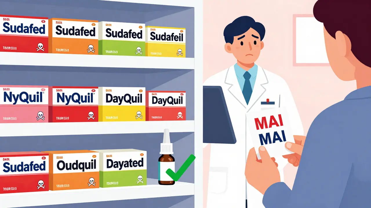 Pharmacy shelf filled with dangerous cold meds marked by skull icons, safe saline spray in foreground.