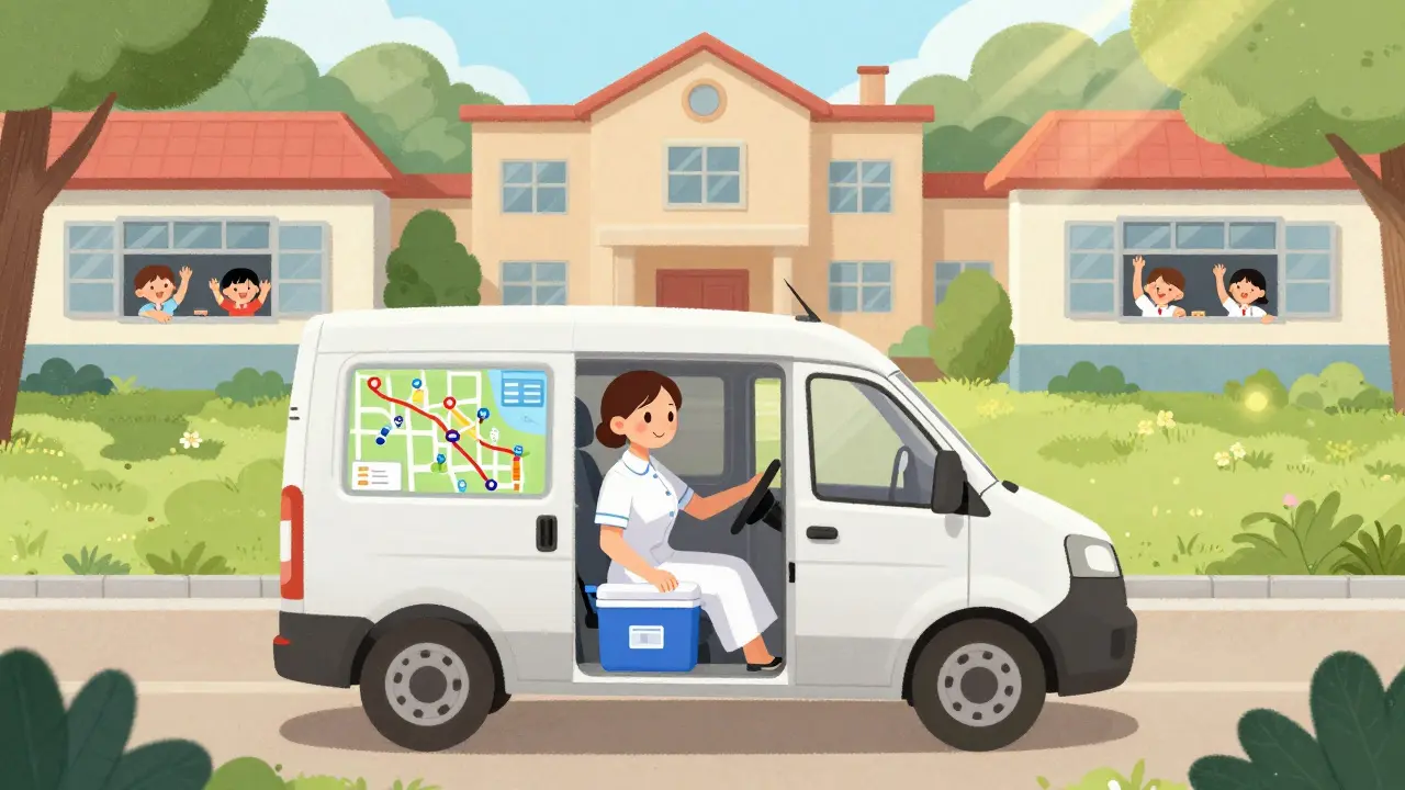 Rural nurse driving between schools with medication cooler, child waving from window