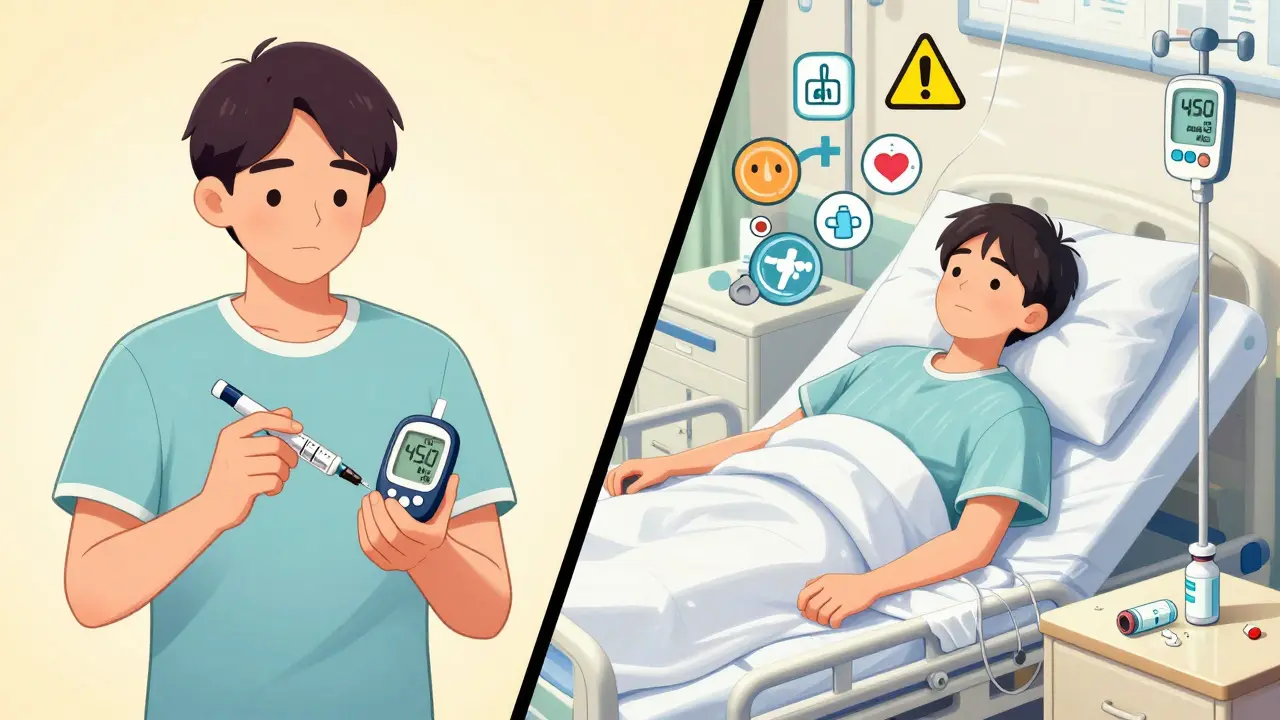 Same person in calm home vs. hospital bed with high blood sugar, showing consequences of expired insulin.