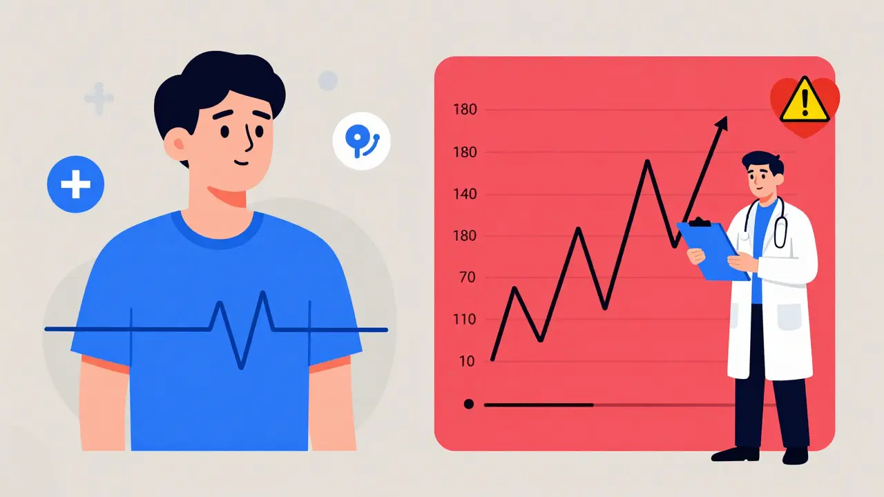 Side-by-side comparison of two patients: one with stable blood pressure on SSRI, another with rising pressure on venlafaxine.